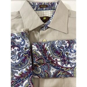 Egara KO Mens Dress Shirt L , Large Ivory Reverse Print‎ Cuffs  Paisley 16 1/2